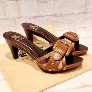 NWB BURBERRY Slip-On Open Toe Leather Wood Heels Novacheck Tan/Brown
